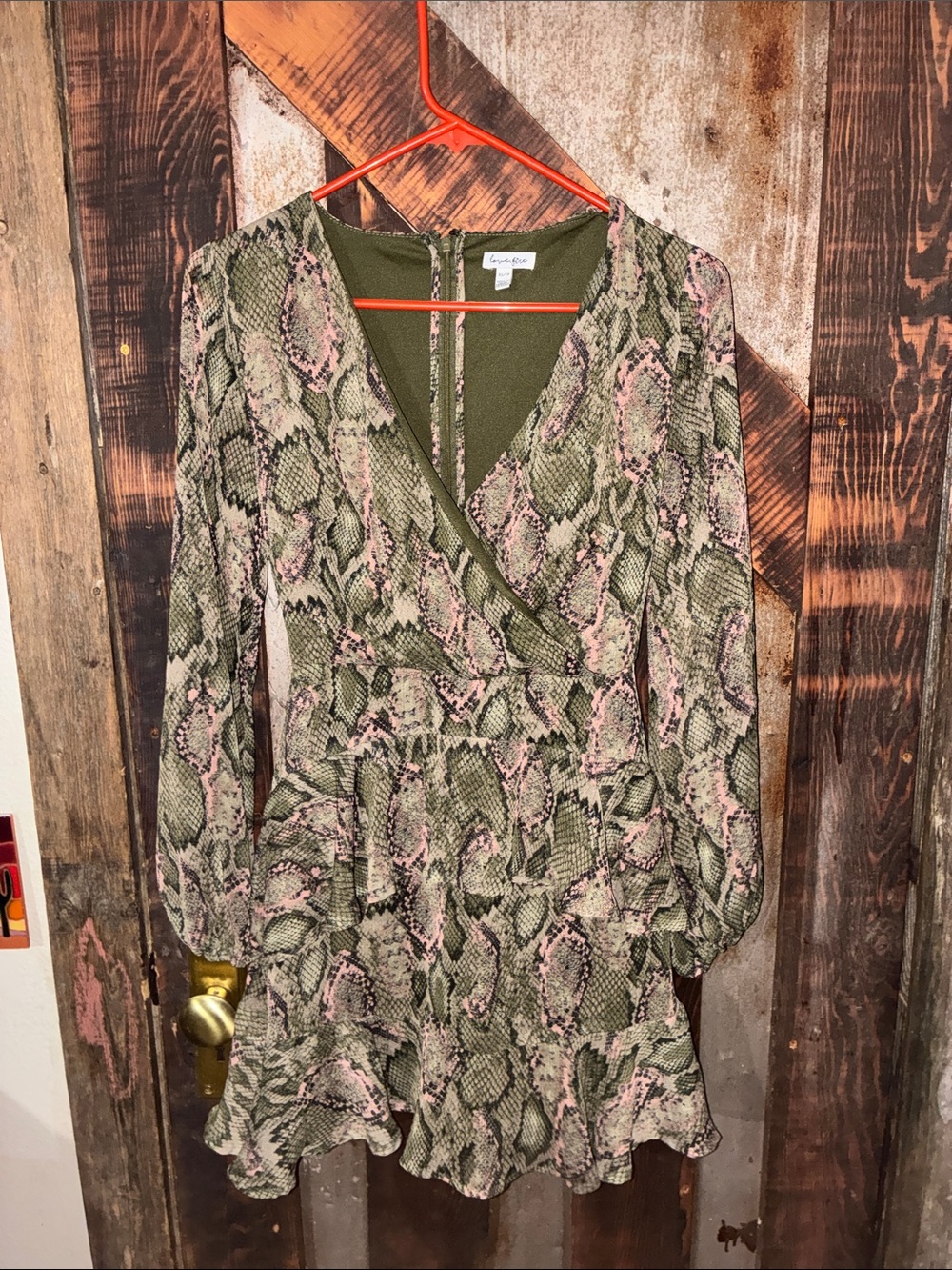 love, Fire Olive Green & Pink Snake-Print Long Sleeve Wrap Dress